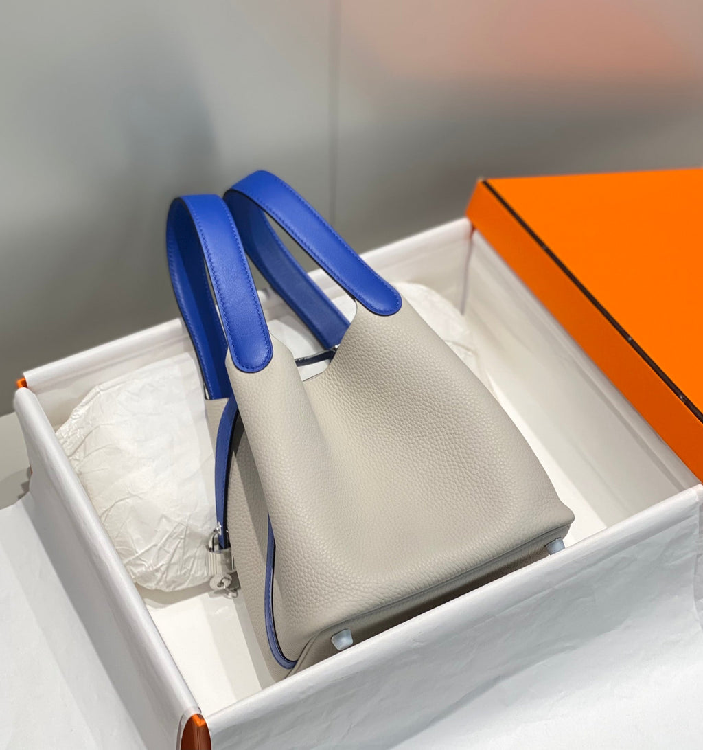 Hermes 25S Picotin Lock 18 in Pearl Gray and Electric Blue Calfskin Silver Hardware Bag