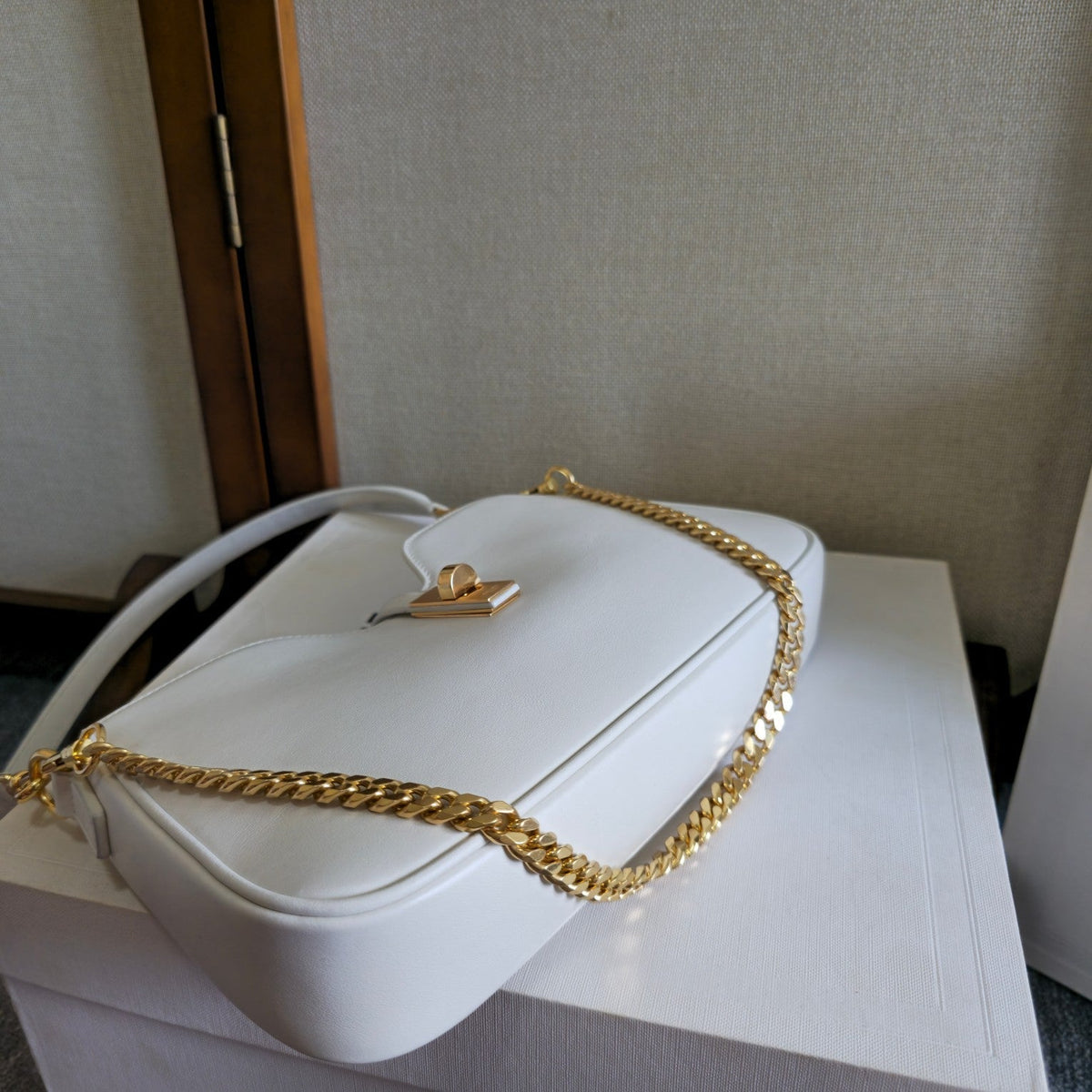 Celine 25S Shoulder Camille 16 Soft 27mm in White Calfskin Gold Hardware Bag