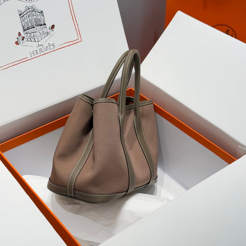Hermes Garden Party 30cm in Brown Toilets Cotton Canvas and Togo Etoupe Calfskin Bag