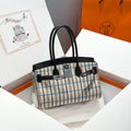 Hermes Birkin Shoulder 29 in Black Calfskin Écru/Noir/Fauve/Noir/Bleu Zanzibar Embroidery Plaid Canvas Bag
