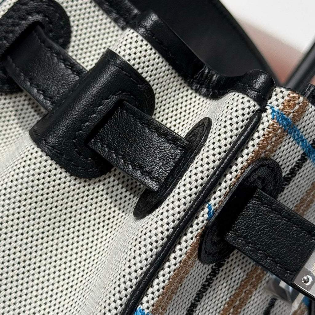 Hermes Birkin Shoulder 29 in Black Calfskin Écru/Noir/Fauve/Noir/Bleu Zanzibar Embroidery Plaid Canvas Bag