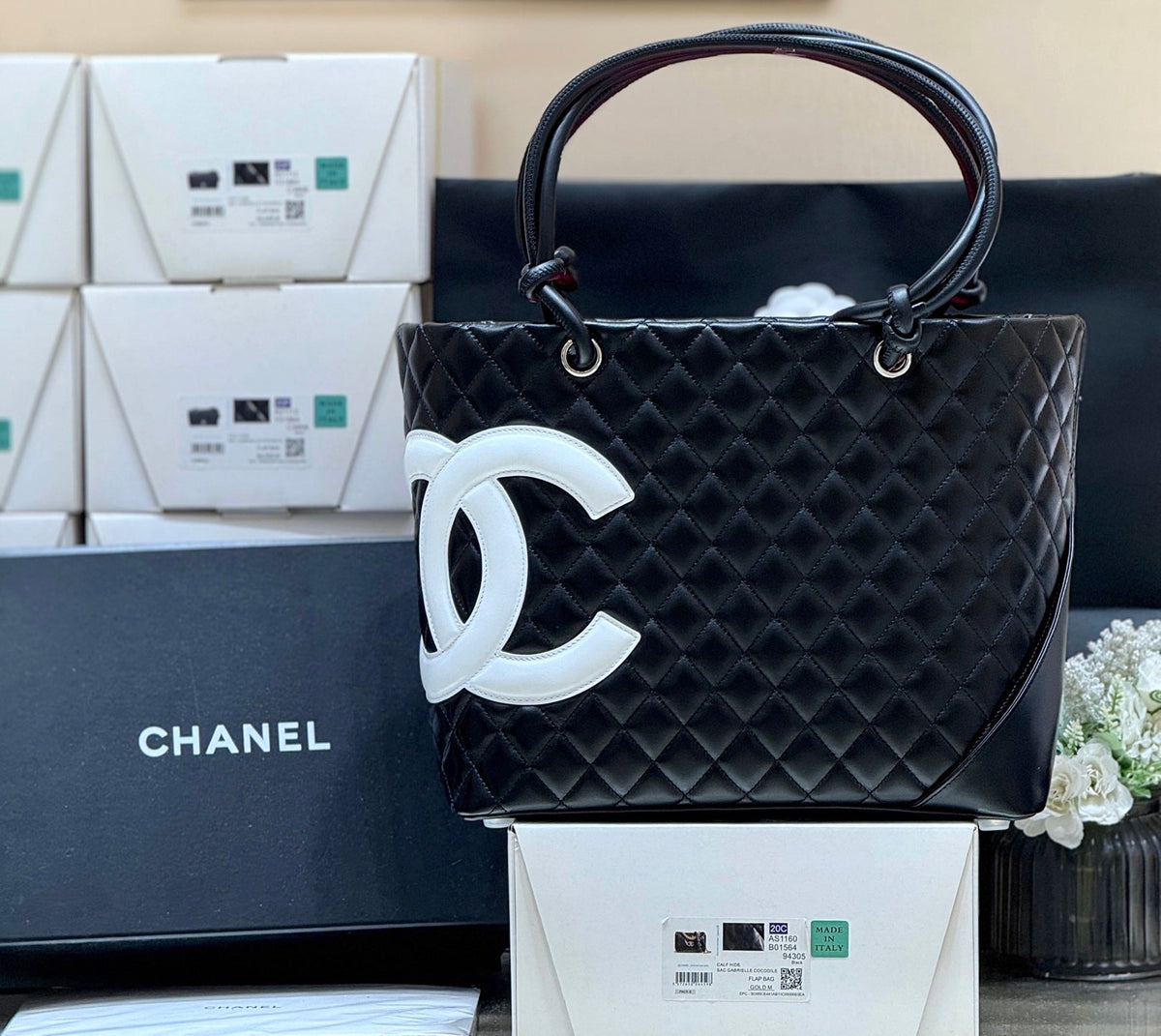 Chanel 25S Cambon Ligne Tote Bag 30 in Black and White Lambskin